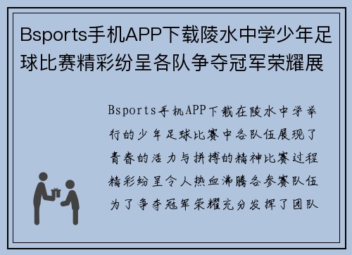 Bsports手机APP下载陵水中学少年足球比赛精彩纷呈各队争夺冠军荣耀展现青春风采