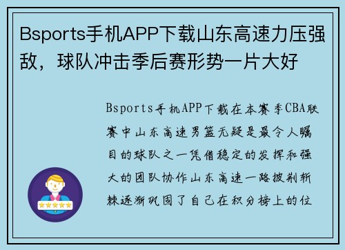 Bsports手机APP下载山东高速力压强敌，球队冲击季后赛形势一片大好