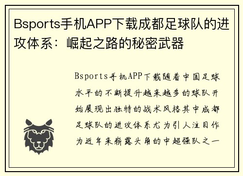 Bsports手机APP下载成都足球队的进攻体系：崛起之路的秘密武器